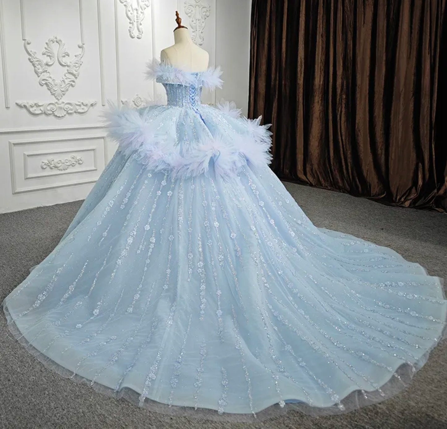 Blue Organza Off The Shoulder Floral Sequin Tulle Frill With 3D Floral Sequin Lace Frill Quinceañera Special Occasion Pageant Event Gown