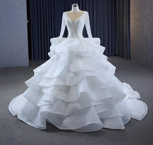 Long Sleeve Illusion V Neck Layered Sequin Organza Princess Bride Gown