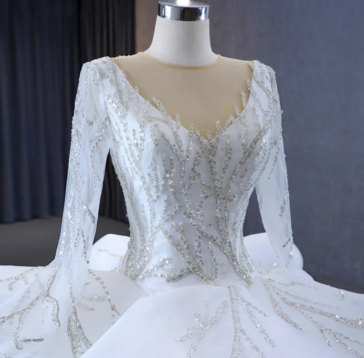 Long Sleeve Illusion V Neck Layered Sequin Organza Princess Bride Gown