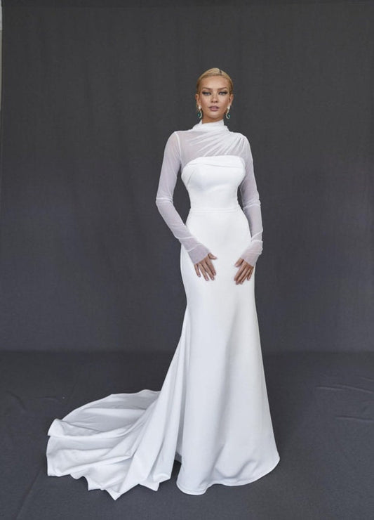 Sheer Long Sleeve High Neck Pleated And Folded Boat Neck Minimalist Trumpet Gown