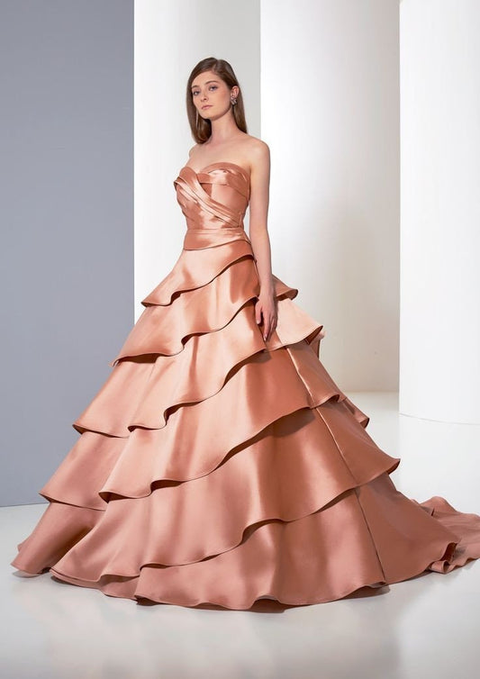 Strapless Pleated Sweetheart Bodice With Layered Rippled Skirt