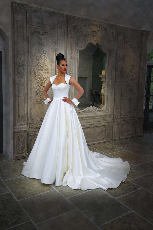 Sheer Long Sleeve Cuff Broad Shoulder Sweetheart Minimalist A-Line Gown