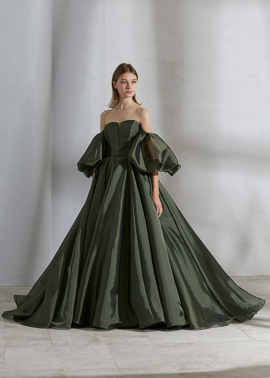 Strapless Organza Deep V Pleated Special Occasion Prom Gown With Matching Detached Cloud Puff Sleeves