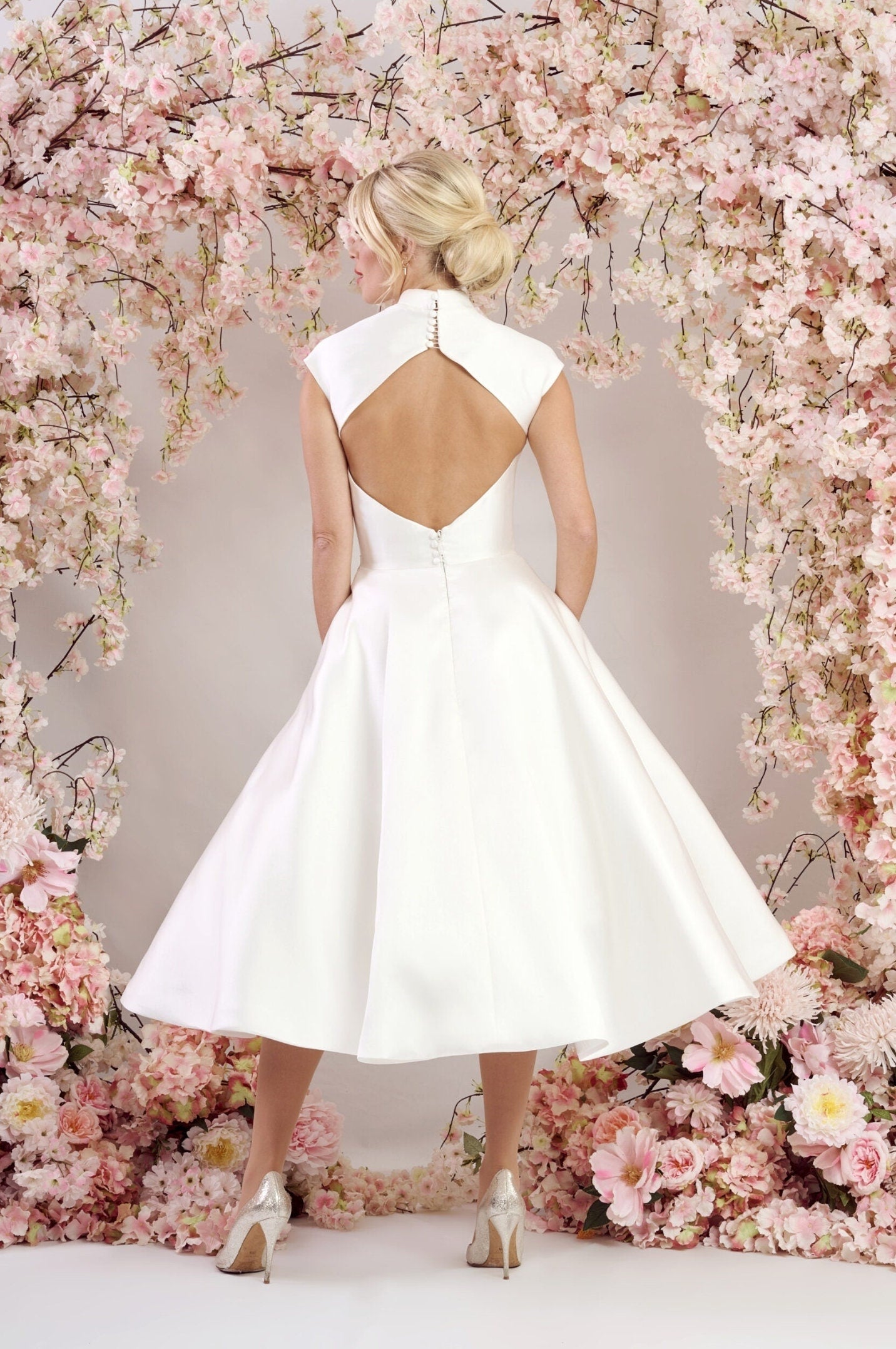 Mid Neck Halter Sweetheart Sleeveless Tea Length 50's/60's Era Style Wedding Special Occasion Dress