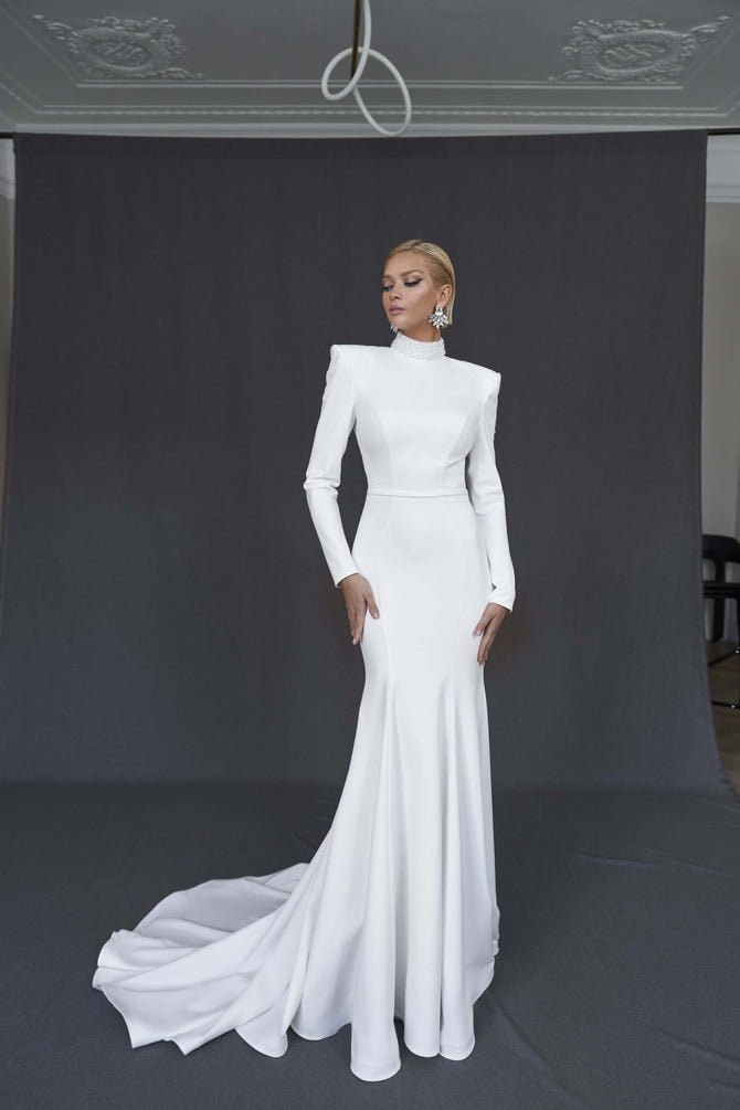 Crystal Beaded High Neck Dramatic Long Sleeve Open Back Trumpet Gown