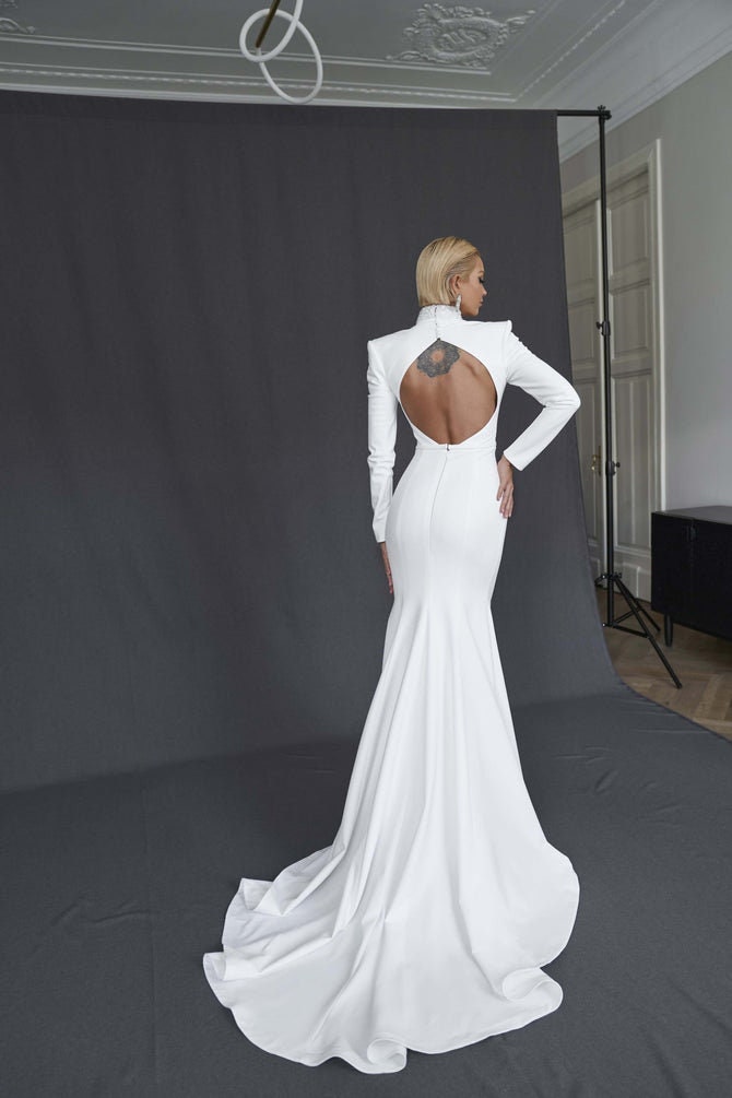 Crystal Beaded High Neck Dramatic Long Sleeve Open Back Trumpet Gown