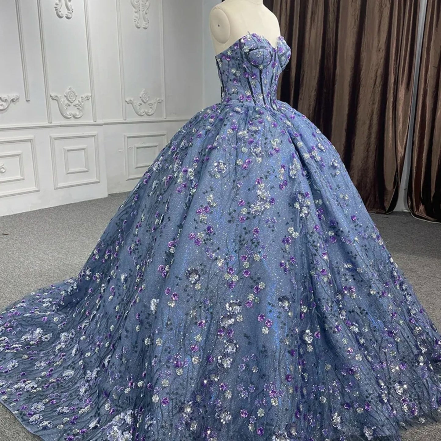 Floral Sequinned Shimmering Blues And Purples Corset Bodice Sweetheart Lace Up Back Enclosure Quinceañera Special Occasion Pageant Gown