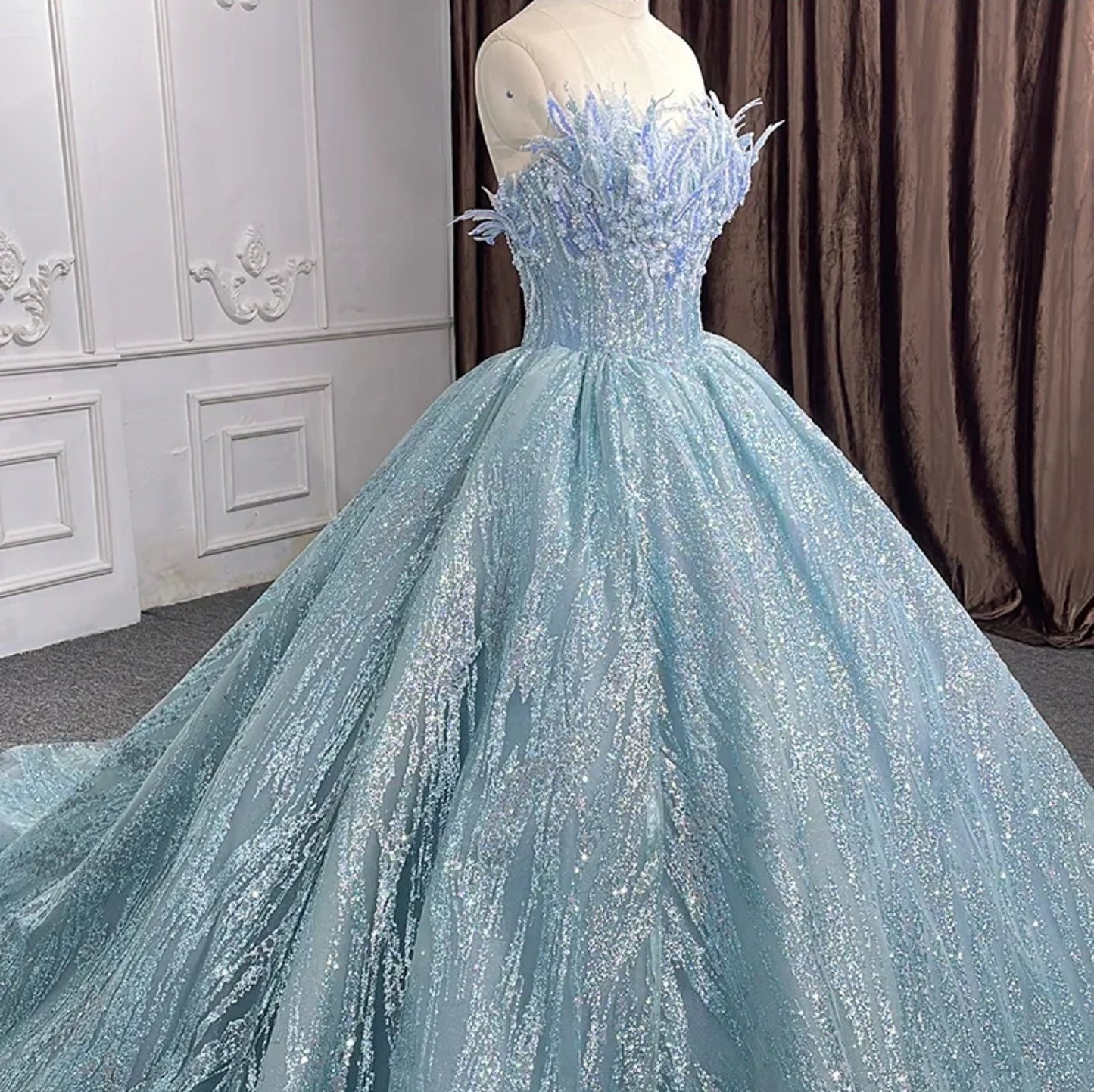 Ice Princess Strapless Floral Sweetheart Shimmering Glitter Quinceañera Special Occasion Pageant  Event Gala Gown With Detached Sleeves