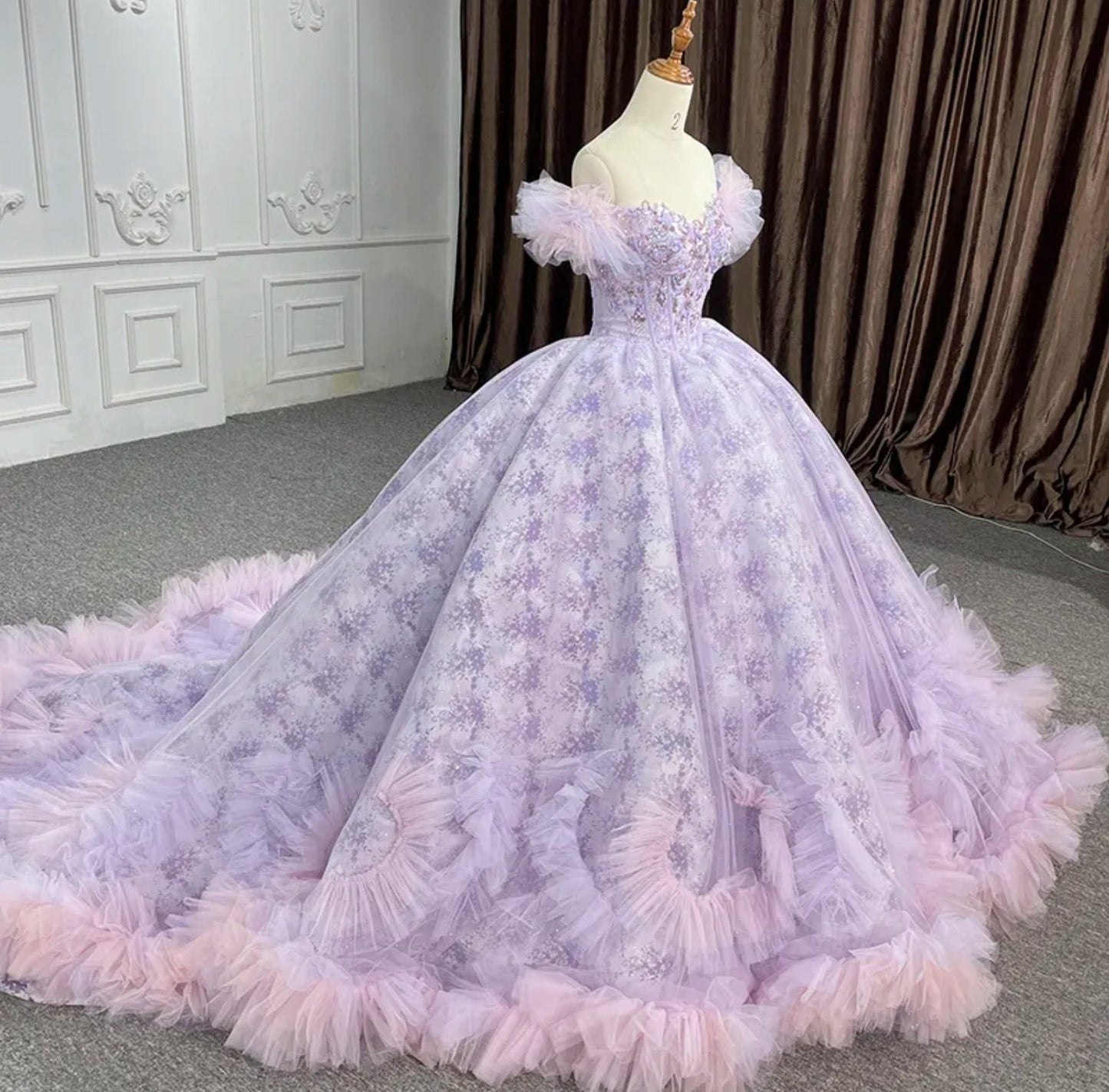 Purple And Pink Baby Doll Sweetheart Floral Lace Sequin Off The Shoulder Quinceañera Special Occasion Pageant Party Event Gown