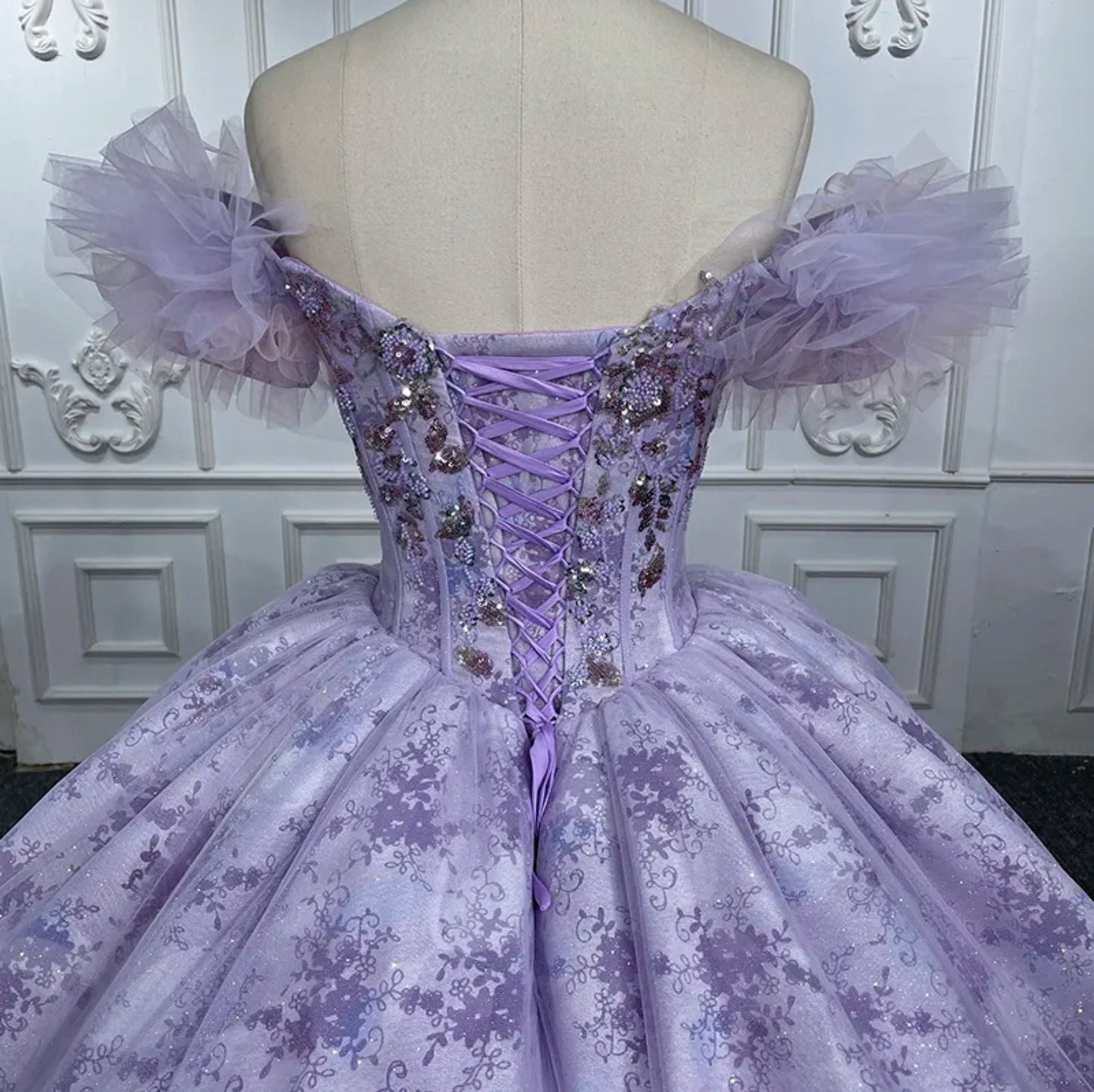 Purple And Pink Baby Doll Sweetheart Floral Lace Sequin Off The Shoulder Quinceañera Special Occasion Pageant Party Event Gown