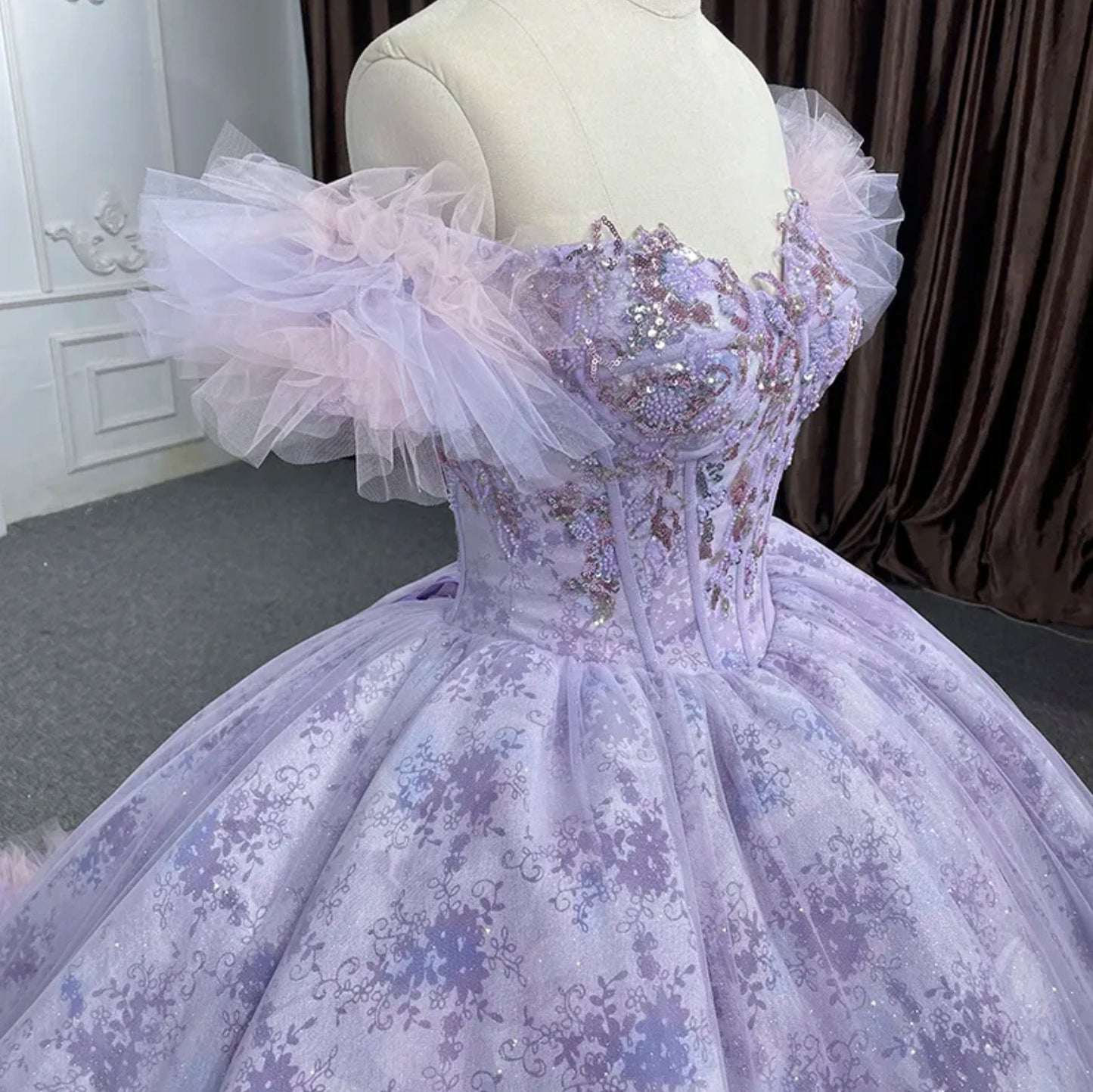 Purple And Pink Baby Doll Sweetheart Floral Lace Sequin Off The Shoulder Quinceañera Special Occasion Pageant Party Event Gown