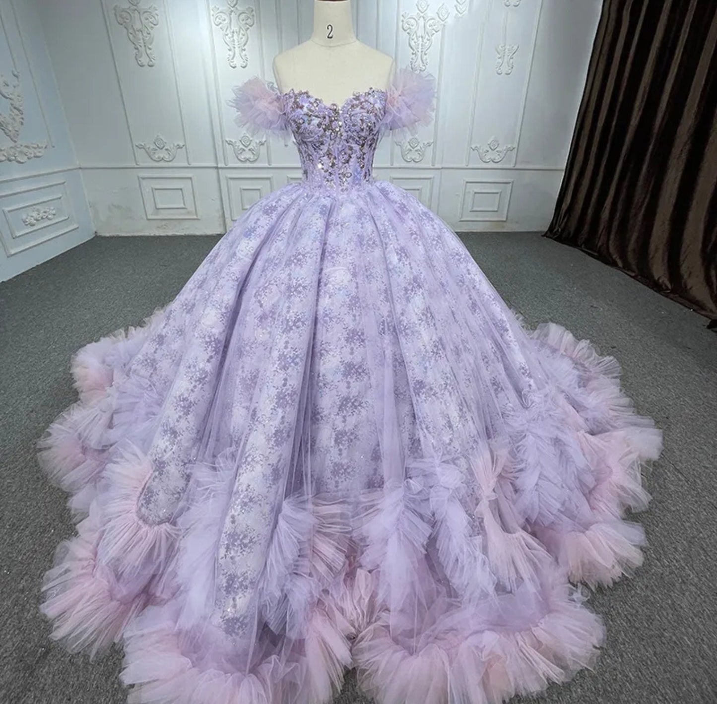 Purple And Pink Baby Doll Sweetheart Floral Lace Sequin Off The Shoulder Quinceañera Special Occasion Pageant Party Event Gown