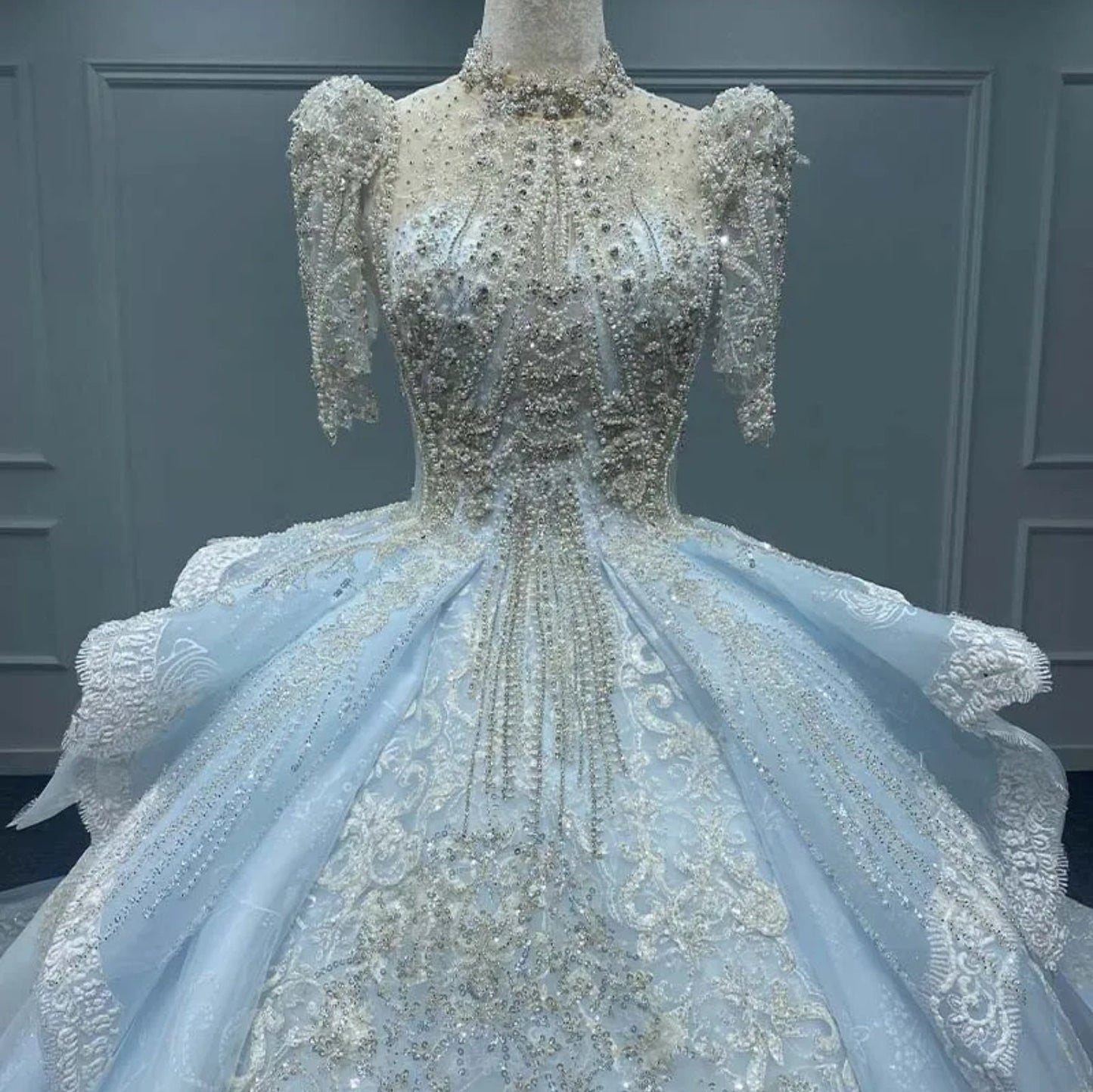 Victorian Era Blue Multifaceted And Pearl Beaded Half Sleeve Mid Neck Sweetheart Gown