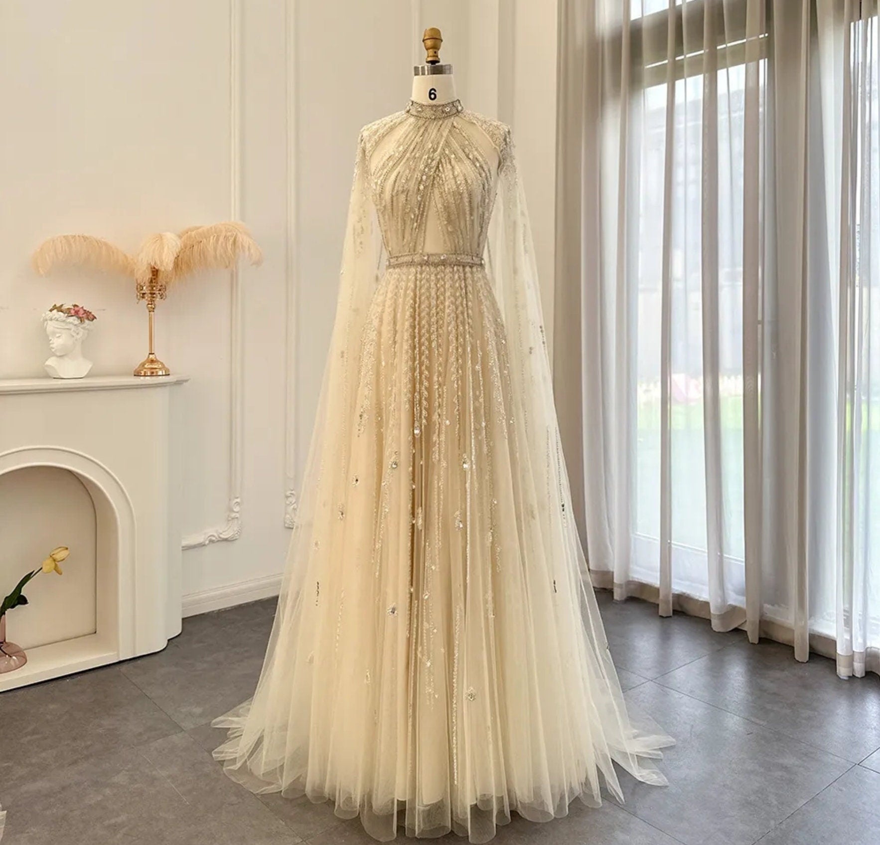 Beaded Rhinestone Gem Halter Style Mother Of The Bride Special Occasion Engagement Gown With Draped Whimsical Floor Length Shoulder Train 16 / Beige-