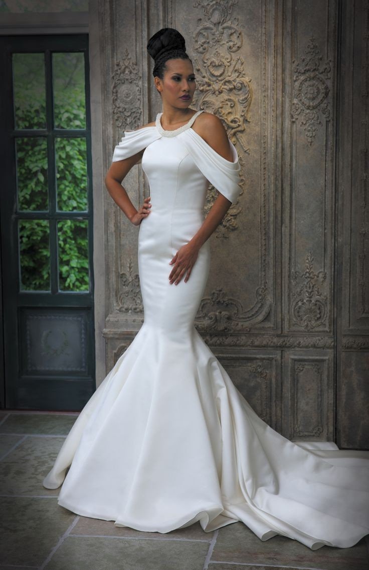 Draped Layered Off The Shoulder Crystal Beaded Halter Fit & Flare Pleated Fishtail Gown