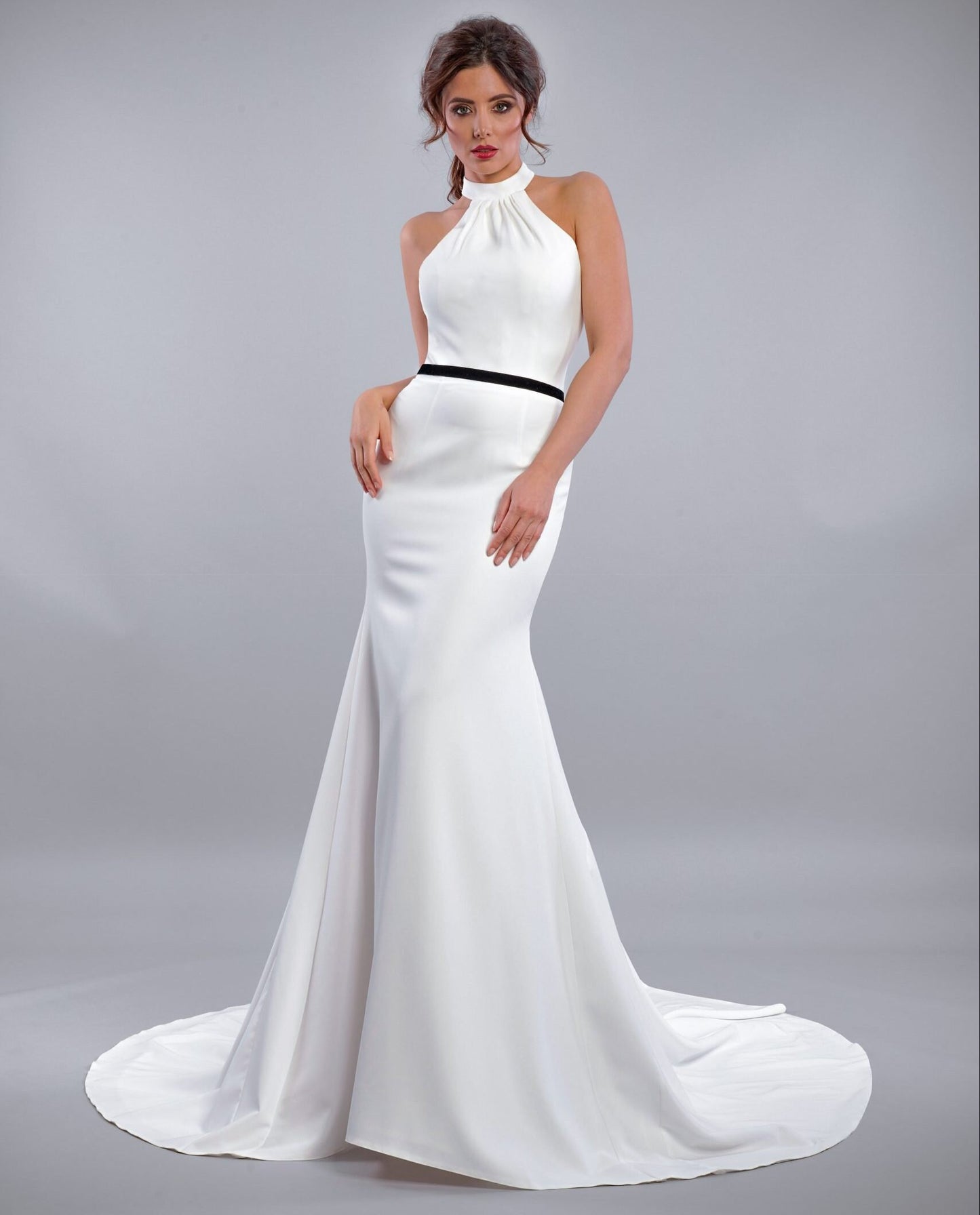 Sleeveless Minimalist Pleated Halter Trumpet Gown With Black Belted Sash