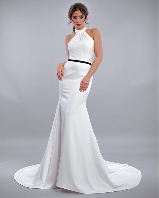 Sleeveless Minimalist Pleated Halter Trumpet Gown With Black Belted Sash