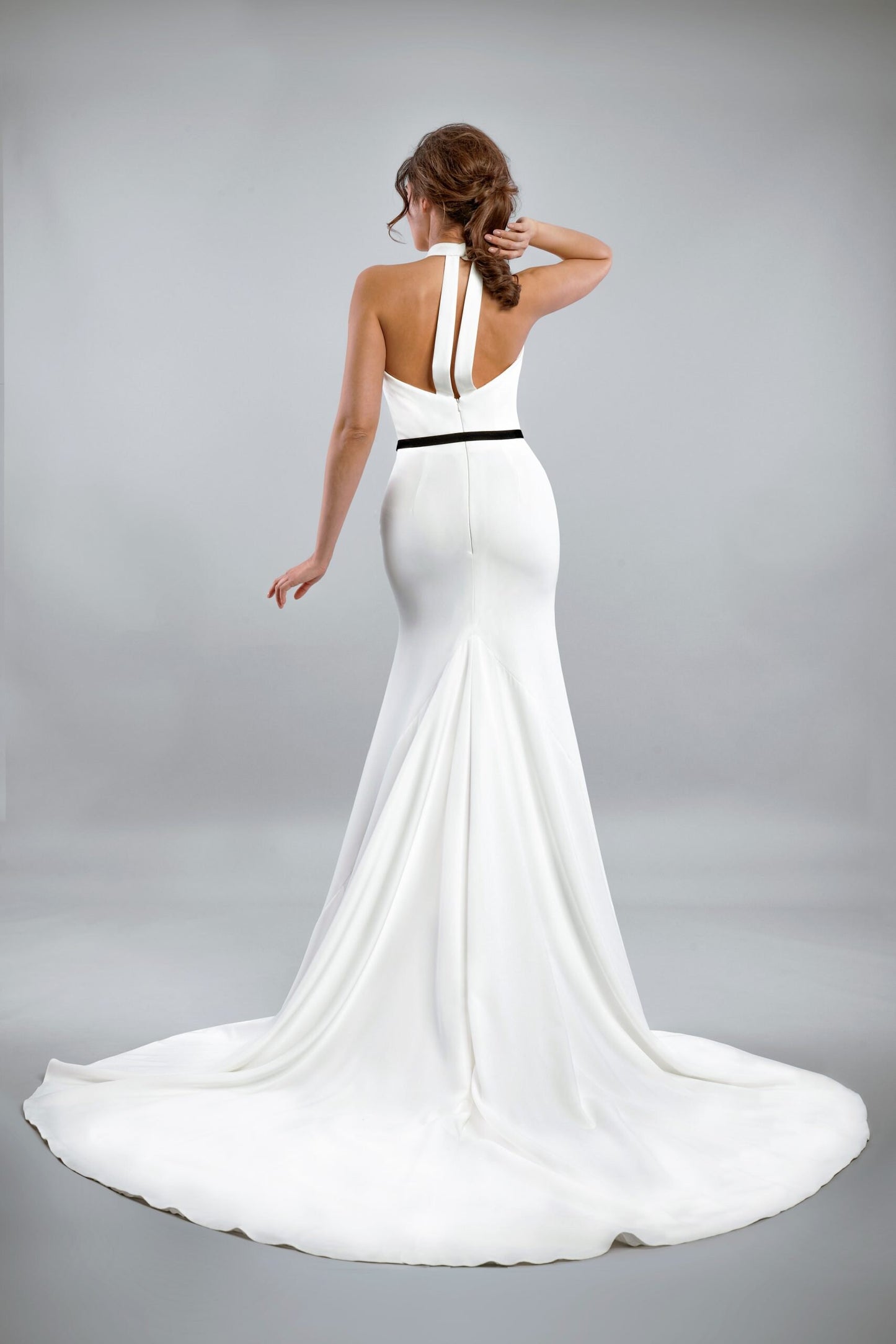 Sleeveless Minimalist Pleated Halter Trumpet Gown With Black Belted Sash