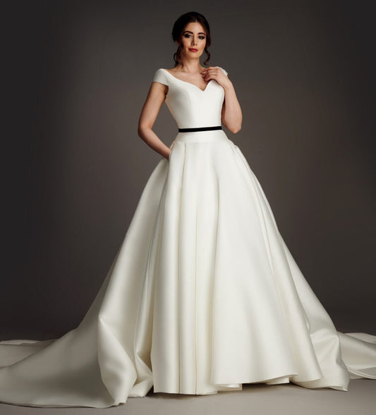 Dropped Waistline Cap Sleeve Sweetheart Pleated A-Line Gown With Trailing Black Belted Bow Knot Sash