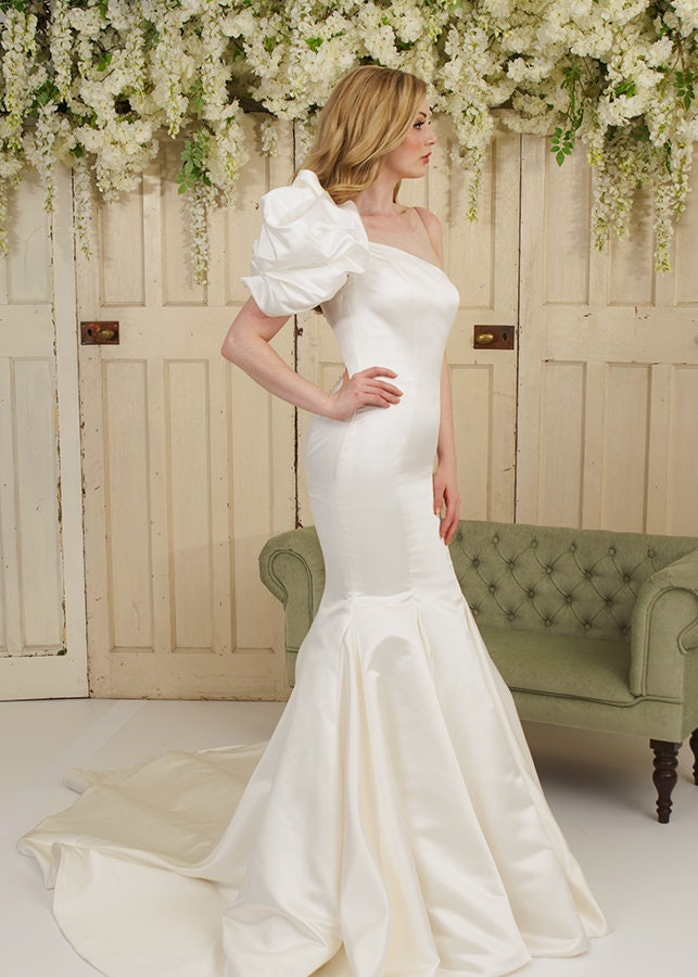 One Shoulder Cloud Sleeve Asymmetrical Illusion Neckline Pleated Fit & Flare Fishtail Gown