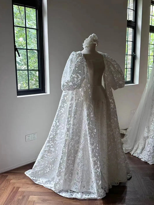 Beautiful Cut Out Floral Lace Floor Length Short Puff Sleeve Bridal Cape Jacket