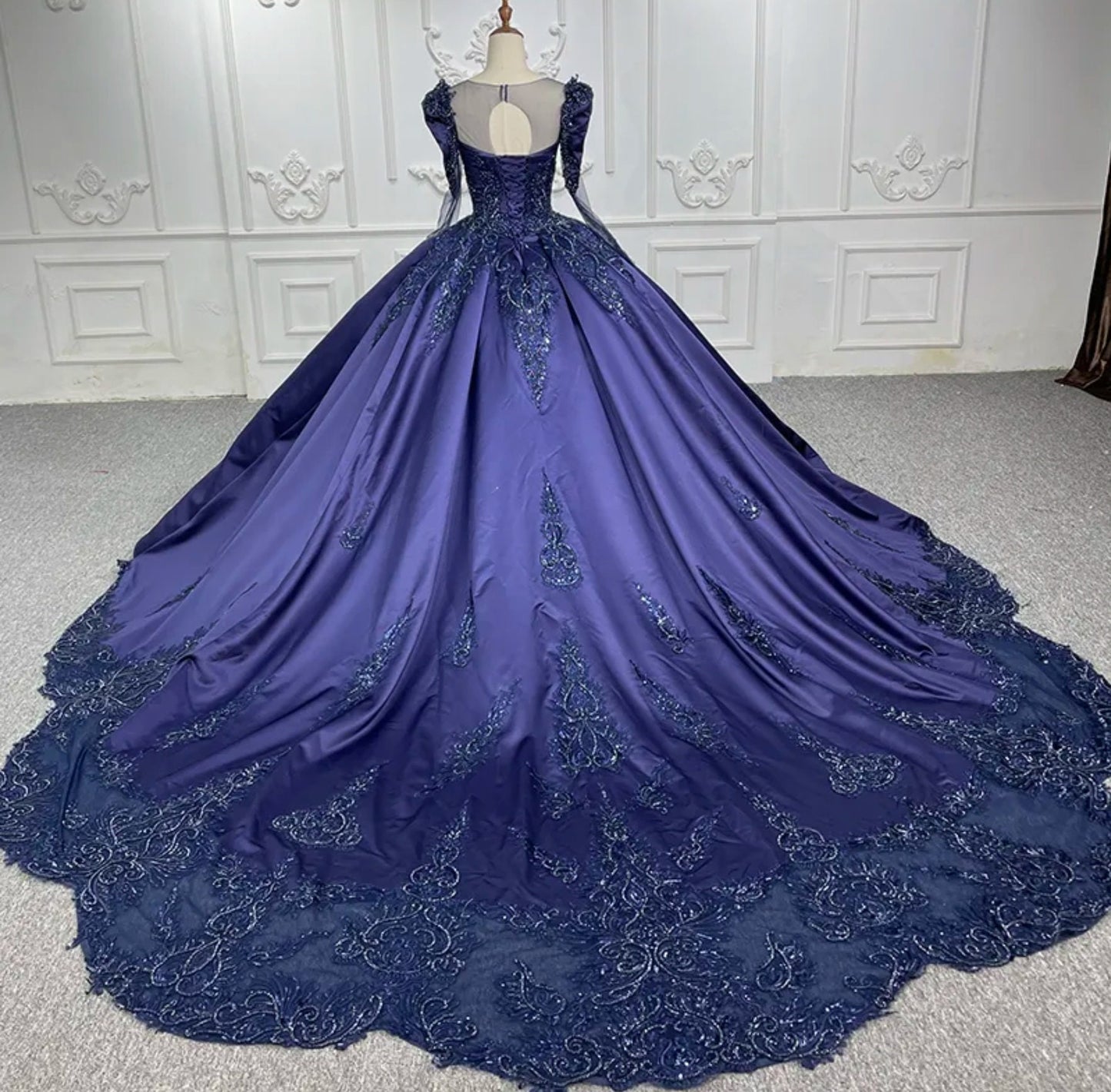 Satin Victorian Era Sequin Beaded Sheer Long Sleeve Elegant & Tasteful Gown