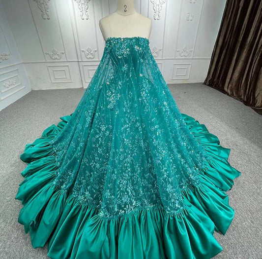 Gorgeous Strapless Boat Neck Peacock Green Sequinned Appliqué Satin Trimmed Special Occasion Party Gala Event Gown