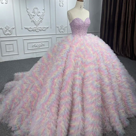 Beautiful Cotton Candy Beaded Sequin Bodice And Layered Frill Quinceañera Special Occasion Pageant Party Event Gala Gown With Lace Up Enclosure