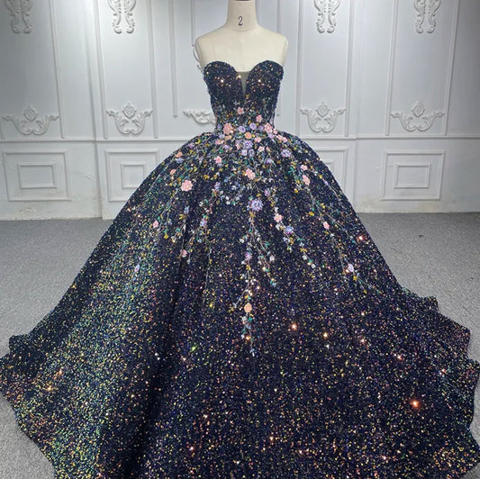 Gorgeous Glittering Multi Color Floral Vine Sequinned Strapless Sweetheart Quinceañera Special Occasion Pageant Party Event Gala Gown