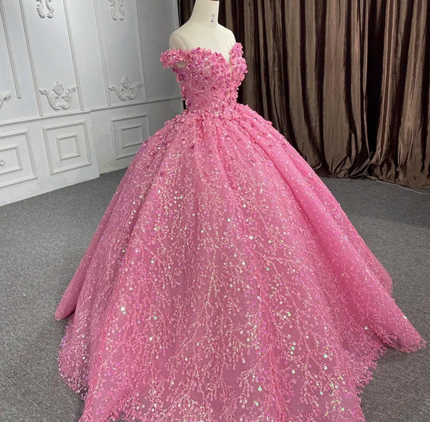 Pretty-N-Pink Organza Off The Shoulder Sweetheart Beaded Flower Petals And Sequins Quinceañera Special Occasion Pageant Party Event Gown