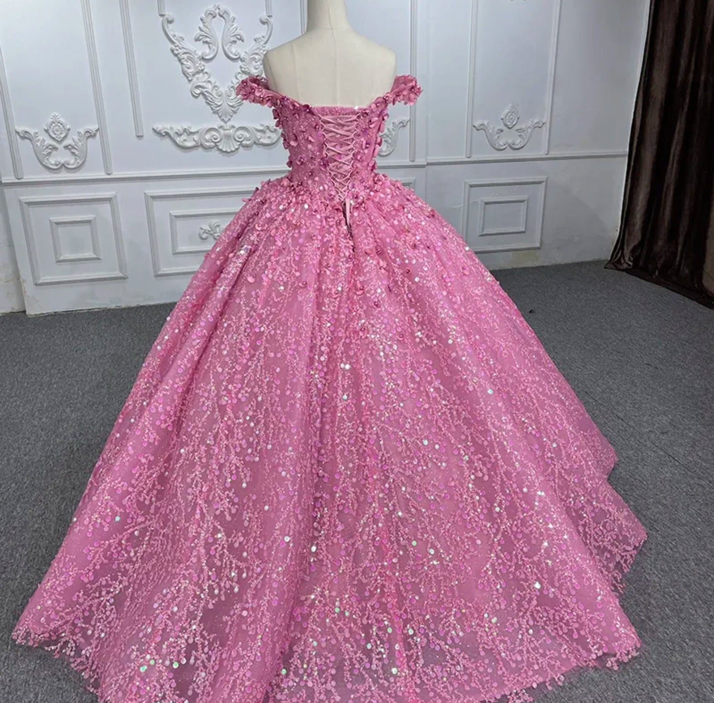 Pretty-N-Pink Organza Off The Shoulder Sweetheart Beaded Flower Petals And Sequins Quinceañera Special Occasion Pageant Party Event Gown