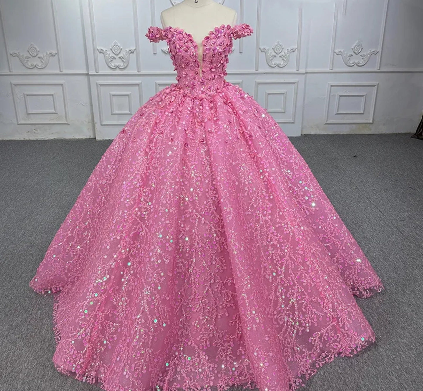 Pretty-N-Pink Organza Off The Shoulder Sweetheart Beaded Flower Petals And Sequins Quinceañera Special Occasion Pageant Party Event Gown