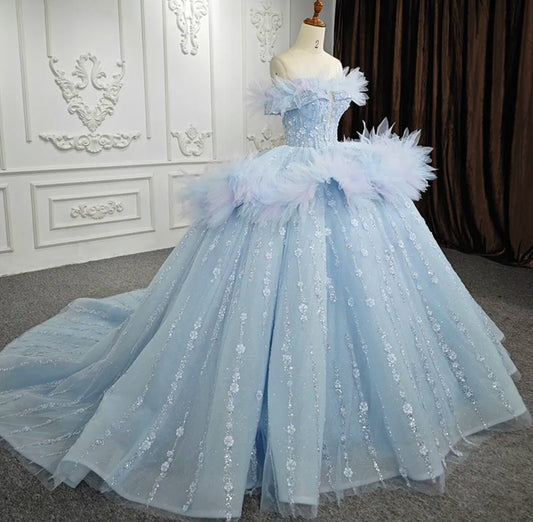 Blue Organza Off The Shoulder Floral Sequin Tulle Frill With 3D Floral Sequin Lace Frill Quinceañera Special Occasion Pageant Event Gown