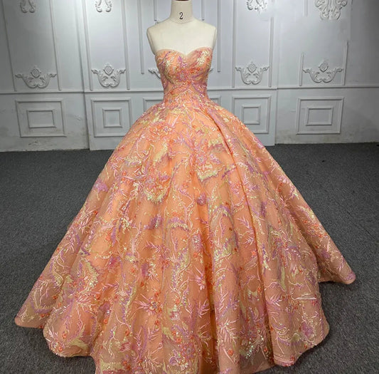 Tropical Colors Floral Strapless Sweetheart Organza Quinceañera Pageant Special Occasion Party Event Gown