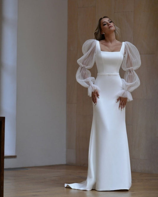 Simple & Modest Sleeveless Square Neck Trumpet Gown With Detached Plisse Tulle Long Sleeves