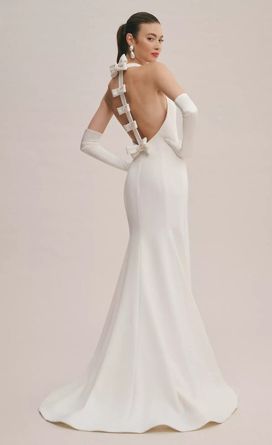 Sleeveless Pleated Halter Neck Trumpet Gown With Multi Bow Back Strip Zipper Enclosure