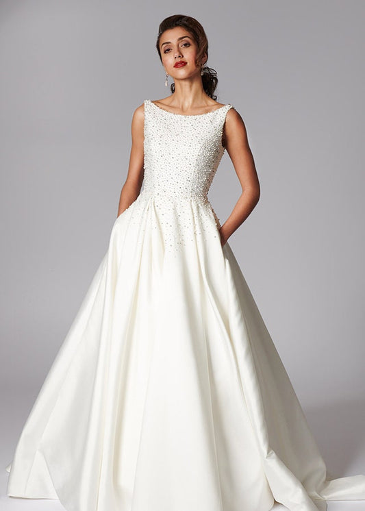 Sleeveless Scoop Neck Pleated And Pearl Beaded Bodice A-Line Gown With Open Square Back Zipper Enclosure