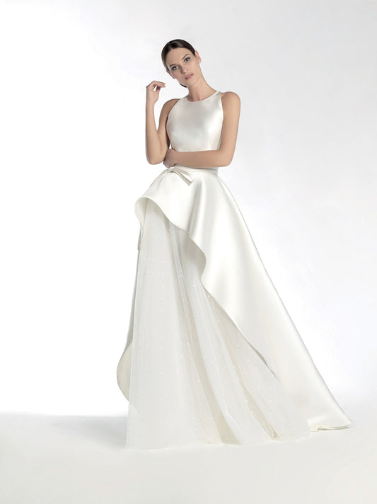 Sleeveless A-Line Asymmetrical Satin & Glitter Tulle Bow Knot Tie Waistline Gown