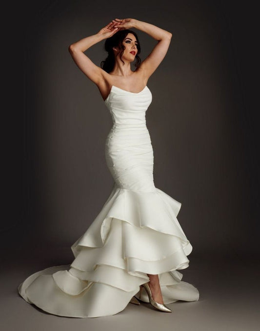 Strapless Pointed Scoop Neck Pleated Bodice And High Low Ruffled Fishtail Gown