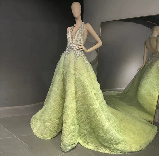 Special Occasion Multi Beaded Crystal Rhinestone Embellished Deep V Neck Event Gala Gown