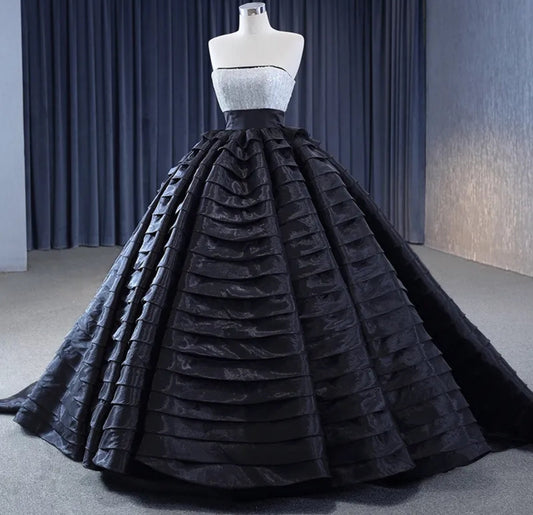 Strapless Boat Neck Layered Sequin Bodice With Natural Waistline Tiered Ruffle Special Occasion Quinceañera Pageant Party Event Gala Gown