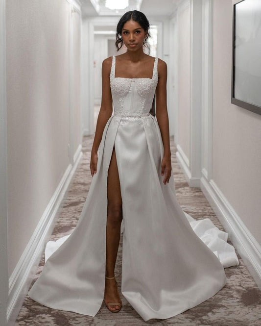 Boat Neck Beaded Sleeveless Corset Style Natural Waistline With Scattered Beading A-Line Split Hem Pleated Gown