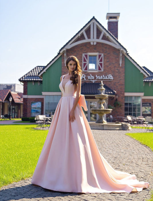 Deep V Illusion Sleeveless Minimalist Simply Pleated Natural Waistline A-Line Gown With Oversized Back Bow Detail