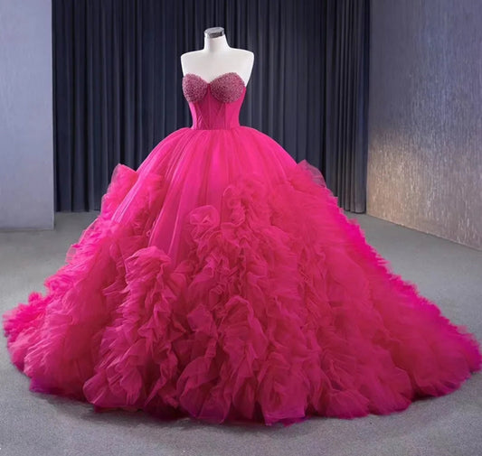 Princess Pink Strapless Beaded And Pleated Corset Style A-Line Frill Quinceañera Special Occasion Event Party Gown