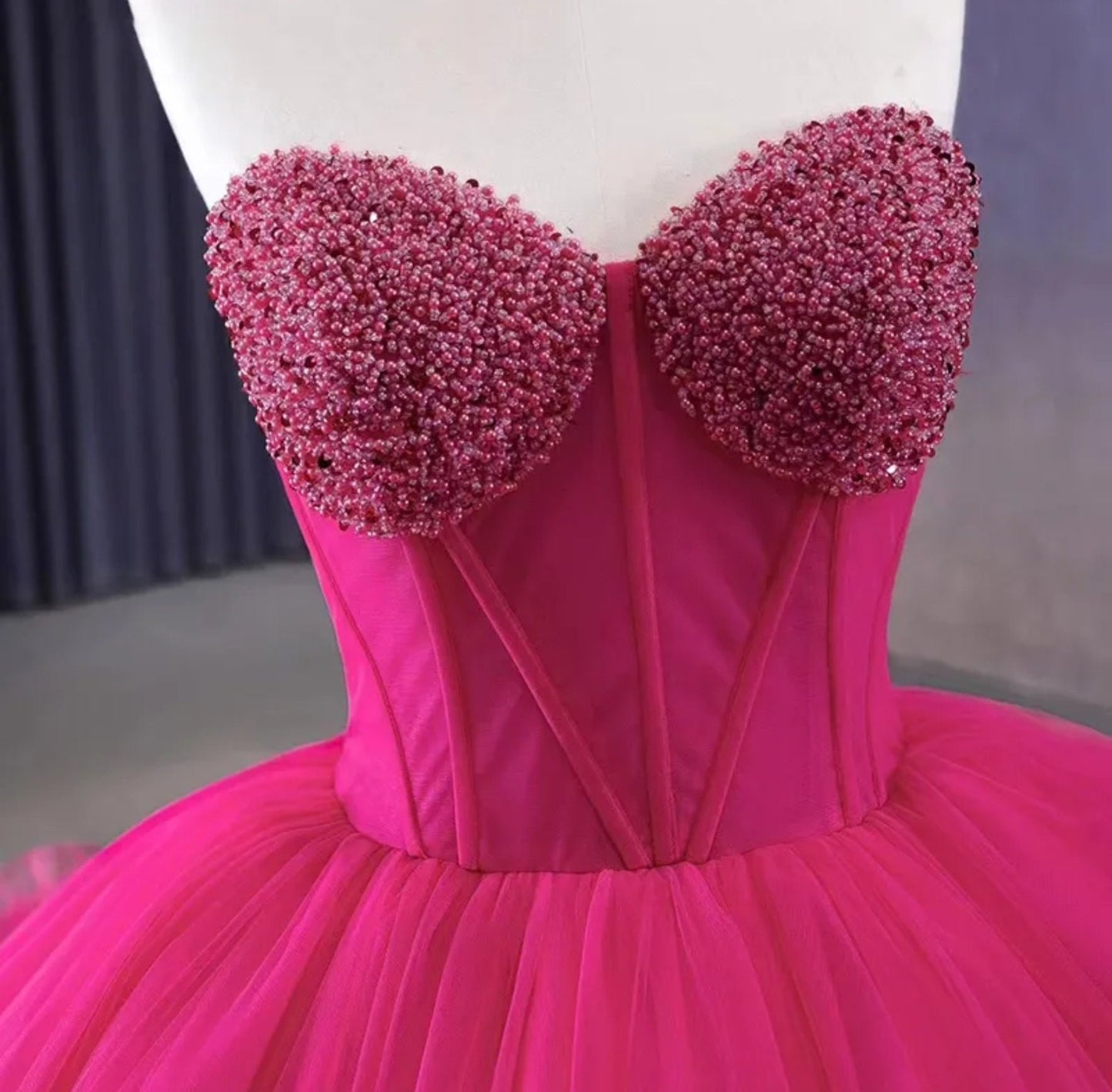 Princess Pink Strapless Beaded And Pleated Corset Style A-Line Frill Quinceañera Special Occasion Event Party Gown