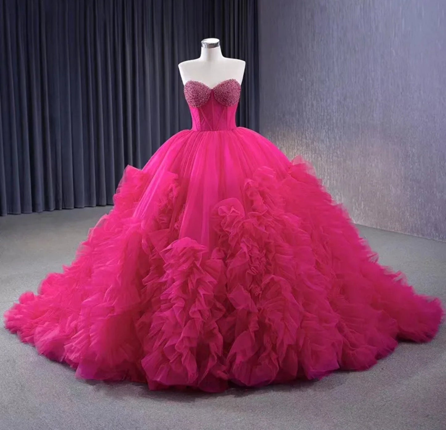 Princess Pink Strapless Beaded And Pleated Corset Style A-Line Frill Quinceañera Special Occasion Event Party Gown