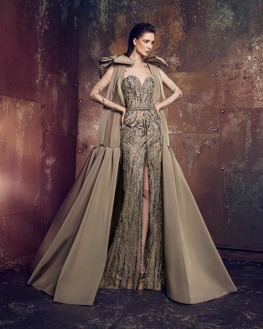 Taffetta Sleeveless Shoulder Bow Detailed Floor Length Pleated Special Occasion Event Cape