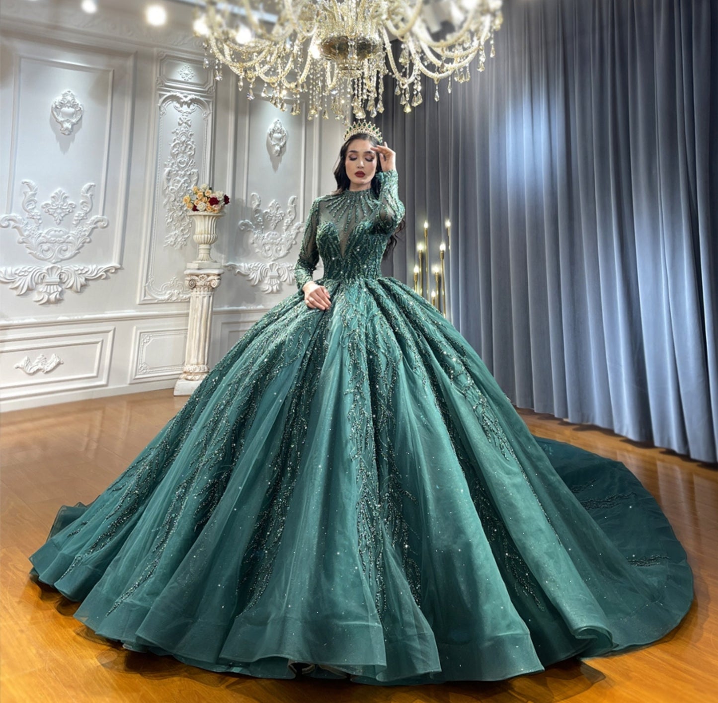 High Neck Sheer Sequin Beaded Long Sleeve Green Elegant Special Occasion Event Prom Pageant Bridal Ball Gown