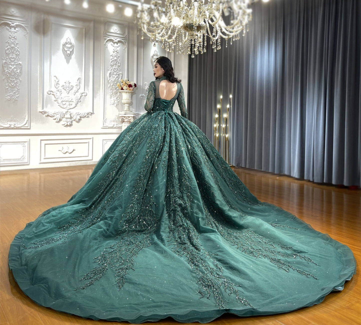 High Neck Sheer Sequin Beaded Long Sleeve Green Elegant Special Occasion Event Prom Pageant Bridal Ball Gown