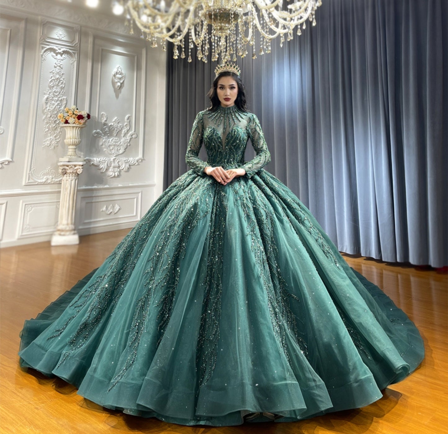 High Neck Sheer Sequin Beaded Long Sleeve Green Elegant Special Occasion Event Prom Pageant Bridal Ball Gown